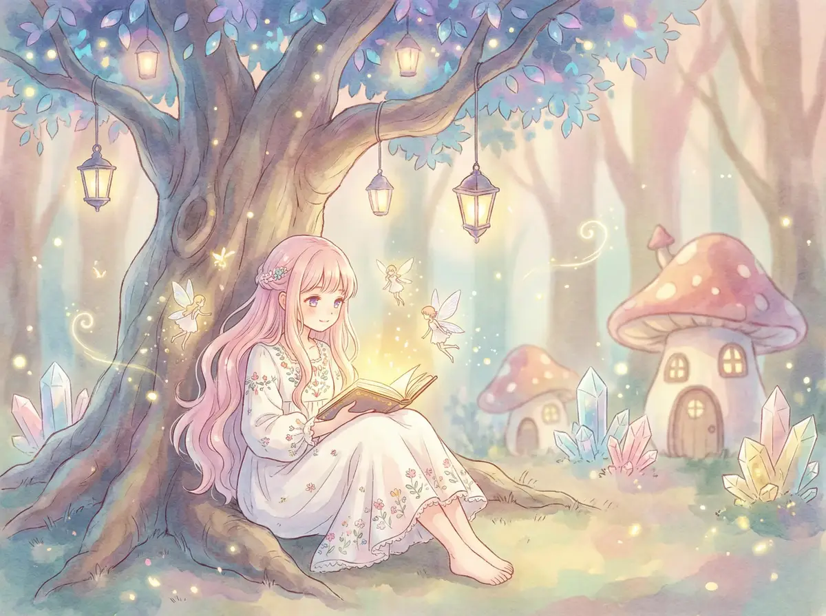 十二罗汉百度影音 - 魔法森林中阅读故事书的粉发少女与精灵